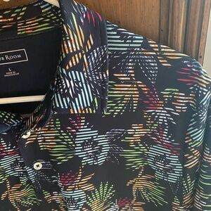Club Room Navy Tropical Stripe Leaf Print Shirt